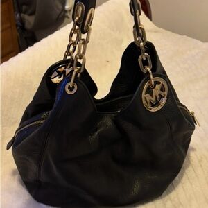Authentic Michael Kors Black Hobo Bag & matching wallet w/Gold Accents